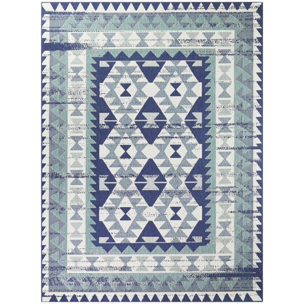 Union Rustic Pranav Geometric Navy/Teal/White Indoor/Outdoor Area Rug